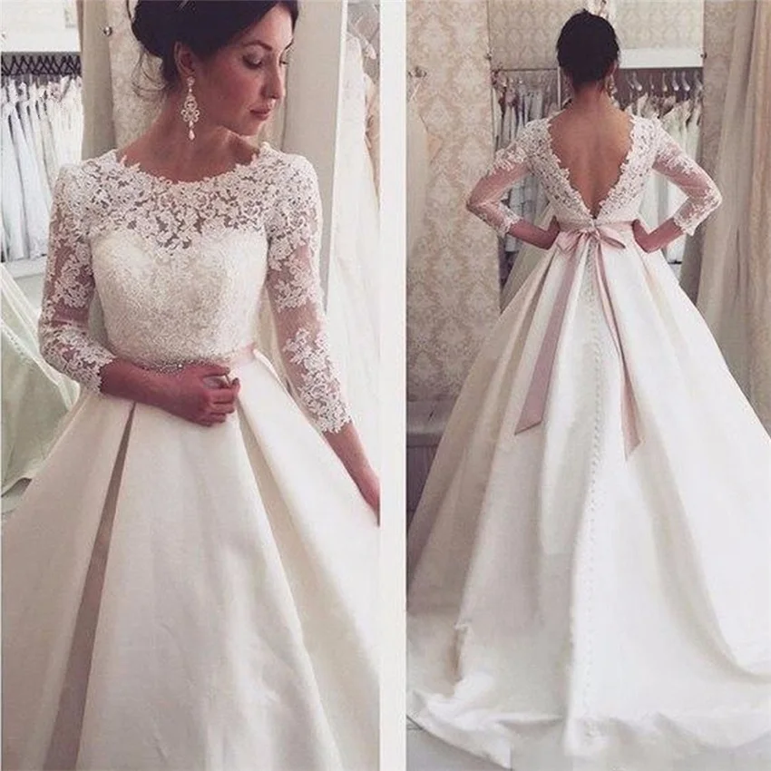 Vestidos de novia blancos elegantes con Apliques de encaje sin espalda, mangas 3/4, vestidos de novia simples con espalda en V, vestidos de novia baratos