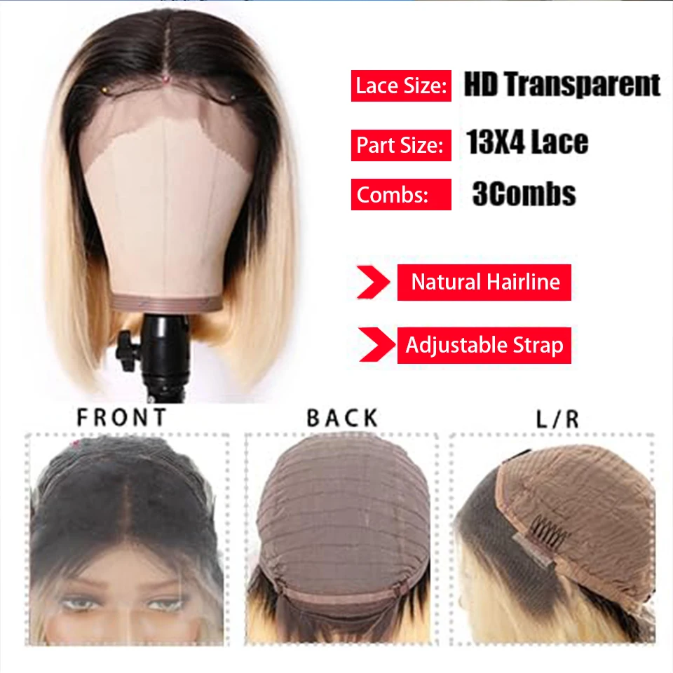 CUBIC 16Inch 1BT613 Blonde Colored Lace Frontal Wig T Part Short Bob Black Root Human Hair Wigs 13x4 Sraight lace Front Wig