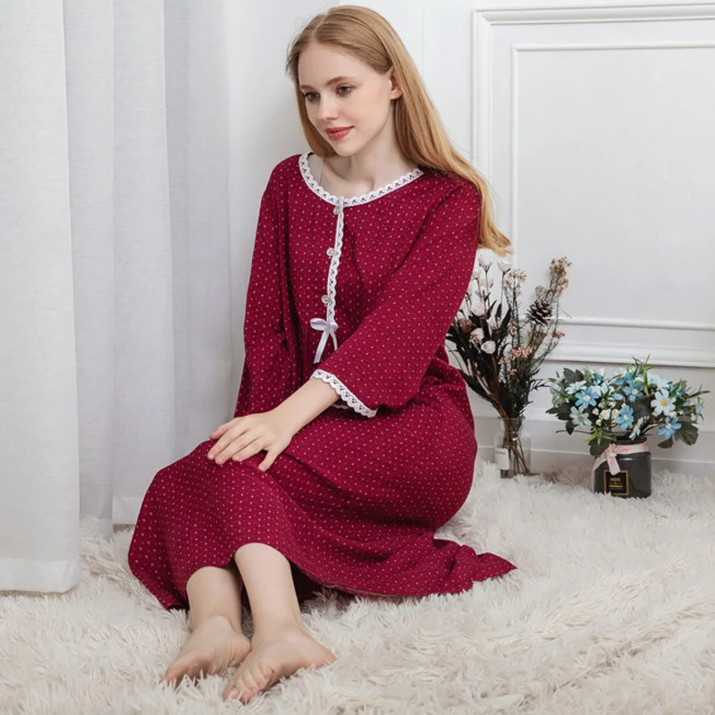Womens Nightdress Cotton Long Sleeve Loose Nightgowns Spring Sleepwear Pajamas Robe Homewear Sleepdress Long Home Dressing Gowns