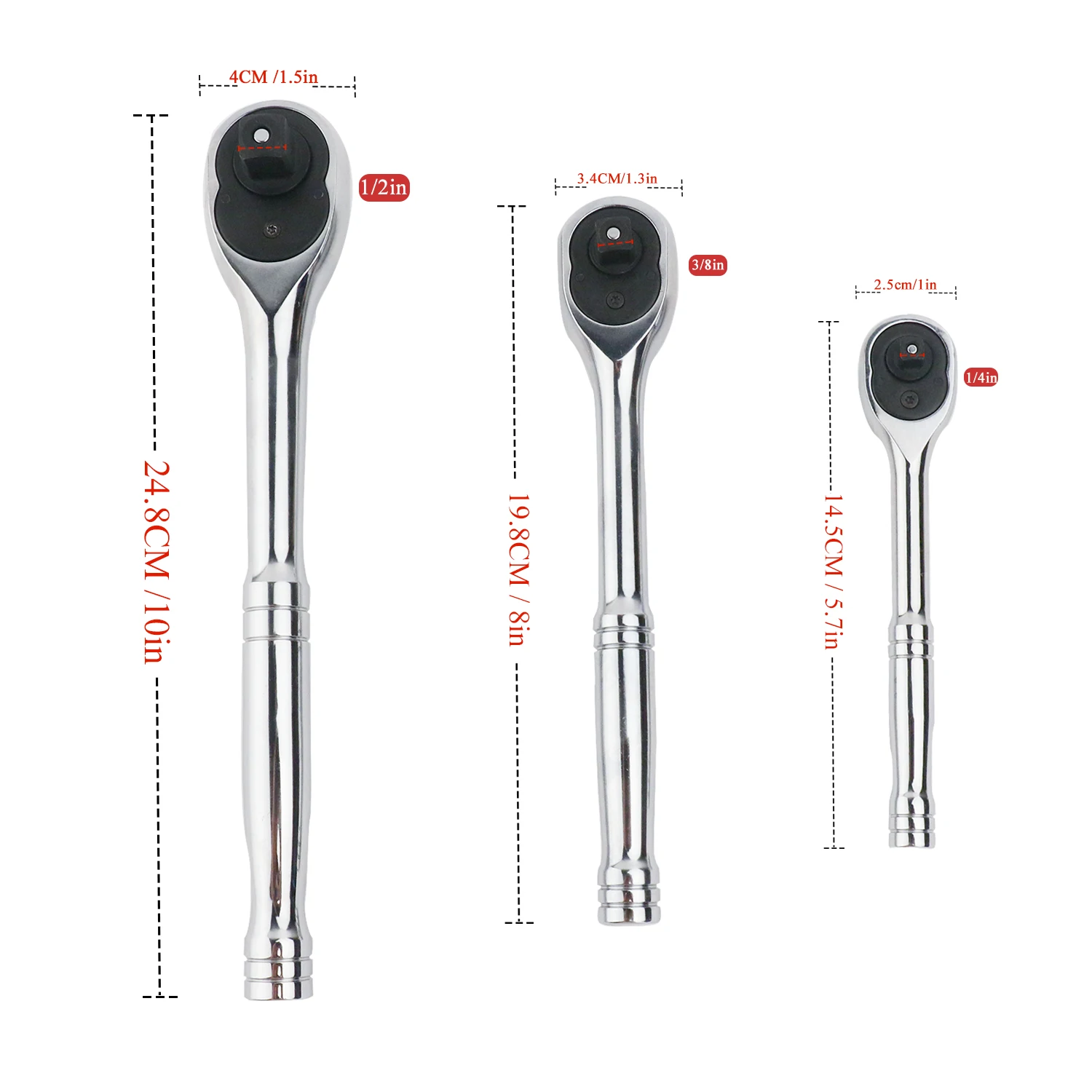 

3pcs 100 Teeth Quick Release Ratchet Handle Narrow Place Using More Than Normal Ratchet 1/4“ 3/8” or 1/2“ Drive