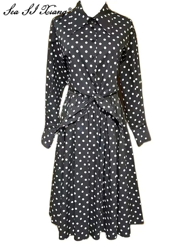 Seasixiang Fashion Designer Summer Dots Cotton Black Suit Women   Long Sleeve Single Breasted Tops+Skirt High Street 2 Piece Set