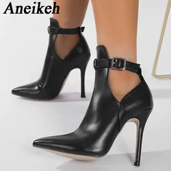 Aneikeh 2025 Autumn/Winter New Pointed Stiletto High Heels Hollow Out Belt Buckle Short Boots Ankle Boots Fashion Bottines Femme