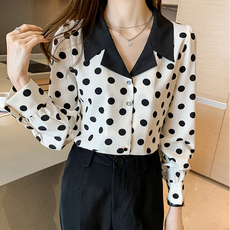 Casual Print Polka Dot Chiffon Blouses Women 2024 Spring Long Sleeve Ladies Tops Peter Pan Collar Shirt Clothes