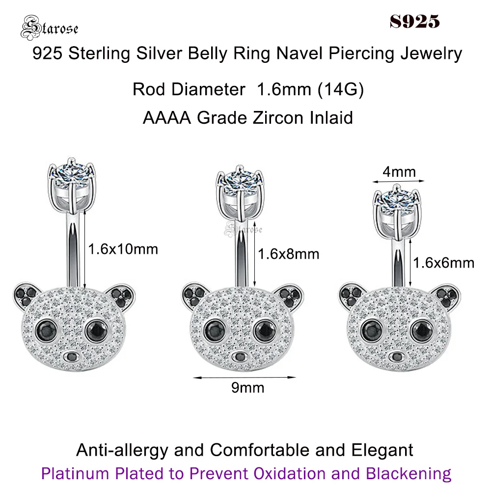 1.6x6/8/10mm Luxury Panda 925 Sterling Silver Navel Bar Belly Piercing Jewelry Women Belly Button Rings Navel Piercing Ombligo