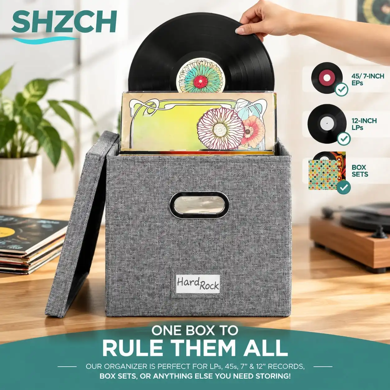 13 Inch Foldable Vinyl Record Storage Box with Lid Large Capacity Cotton Linen Organizer Multi-functional Home Closet Storage