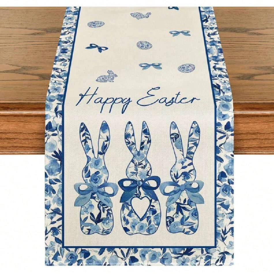 1 Stück Oster-Tischläufer aus Leinen mit 2D-Druck - Blaues Blumenmuster mit Hasen & 'Happy Easter' Text, Tischdekoration für Küche und Wohnzimmer, Festlich