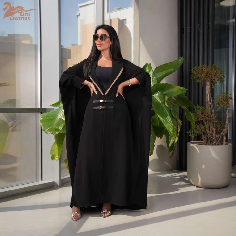 Fashion Muslim Woman Open Abayas Batwing Sleeve V-Neck Lapel Collar Urban Casual Dubai Moroccan Arabic Clothing 2024