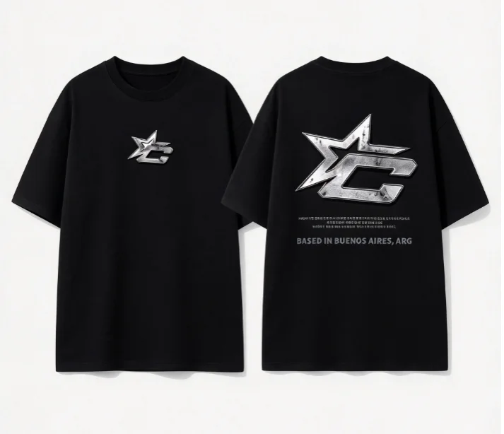 2026 new Double Sided Metallic Star Graphic T-shirt Men Black Short Sleeve Unisex Street Casual Top