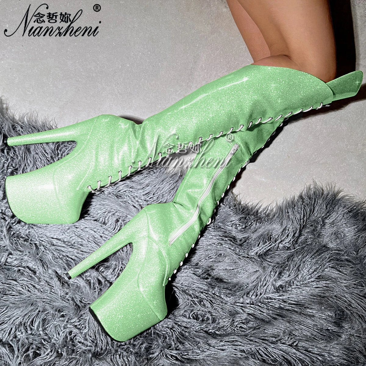 

Блестящие готические необычные сапоги на высоком каблуке 20 см выше колена, сексуальные, в стиле «Квин», на платформе, для стриптиза и танцев на пилоне, экзотические