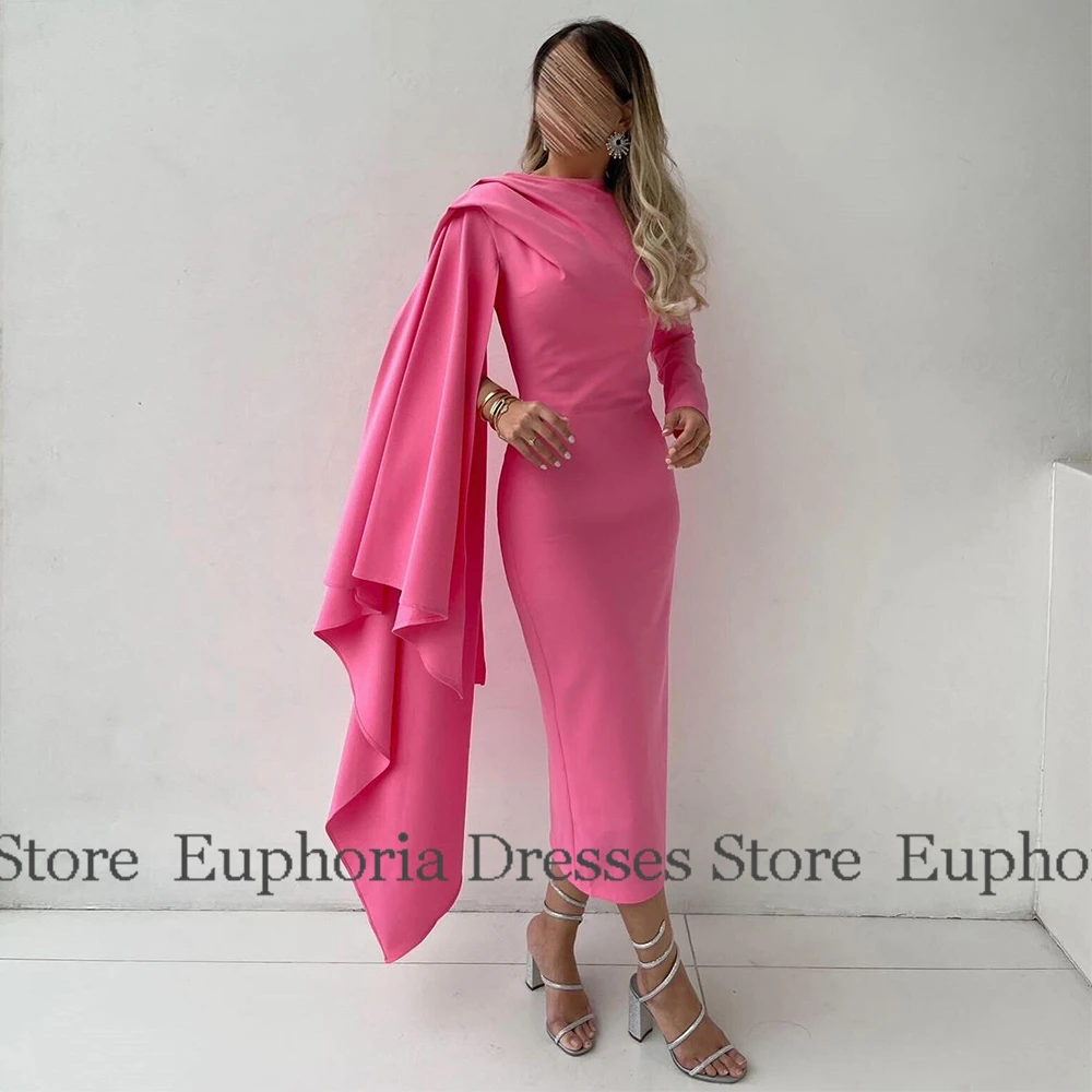 Elegant Party Dresses สําหรับผู้หญิง 2025 Jersey Sheath/คอลัมน์พรหมชุดสีชมพูไหล่ Draped Ruffles คนดังชุด Midi