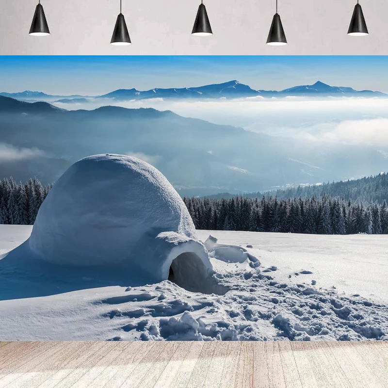 Igloo Photography Backdrop Winter Snowy Scenery Pine Forest Snow Fogy Alps Mountain Nature Christmas Party Background Wall