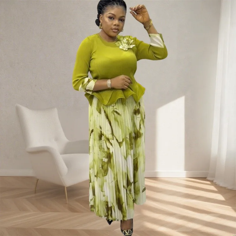 

Miyake Folds 2025, африканский женский топ больших размеров с длинными рукавами, повседневный элегантный комплект с полуюбкой с принтом, темпераментные платья с талией