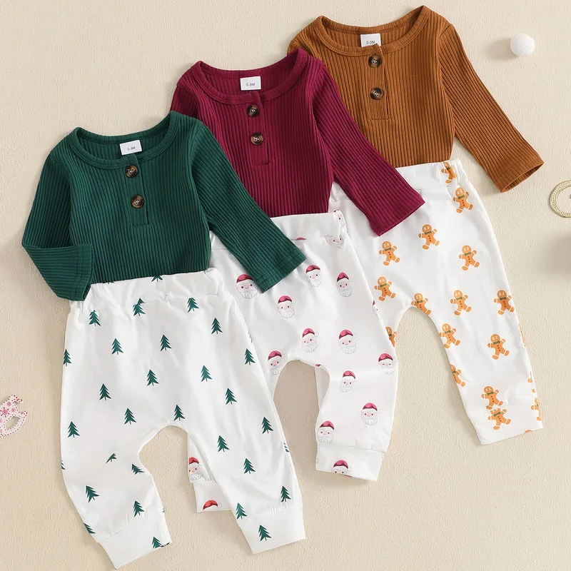 0 to 18 Months Christmas Baby Girl Boy Pant Sets Spring Autumn Clothes Long Sleeve Bodysuit and Print Elastic Pants