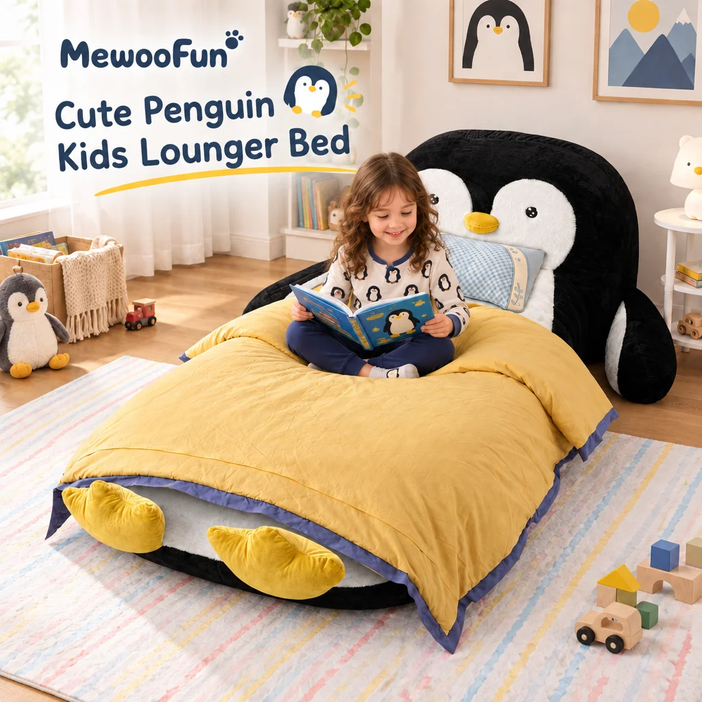 Single Size Lazy Recliner Penguin Shape Fluffy Faux Fur 100 Percent High Resilience Sponge filling No Assembly Required Maximum Weight Capacity 300 Pounds Cute Three Dimensional Penguin Sofa Bed for Children's Bedroom Game Room