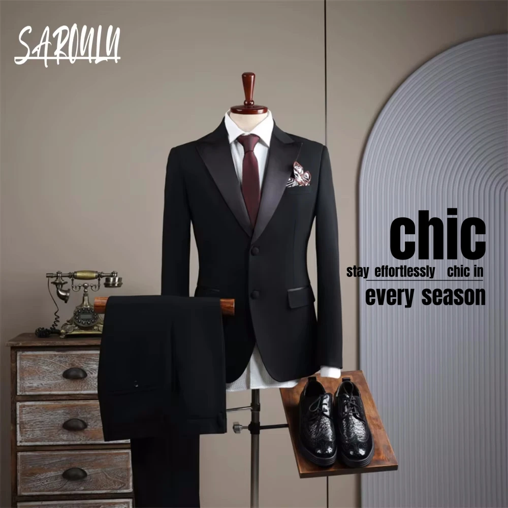 Black Mature Peak Lapel Suit Set For Men 2026 Two Pieces Single Breasted Premium Glamorous Groom Wear Host Wedding Party Tuxedo