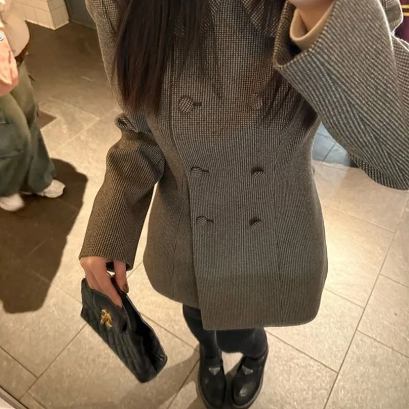 سترة صوفية رفيعة ونحيفة باللون البني للخريف والشتاء، سترة كاجوال كورية جديدة ذات ياقة دمية راقية مزدوجة الصدر #1