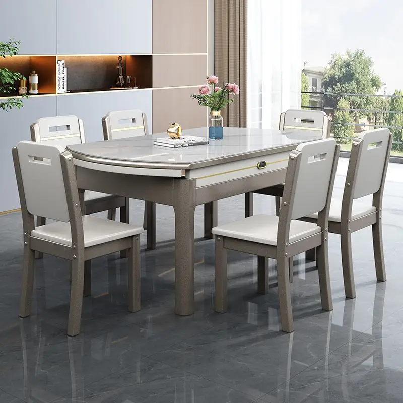 

Rock slab dining table and chair combination, modern simplicity, household, small apartment, variable round retractable solid