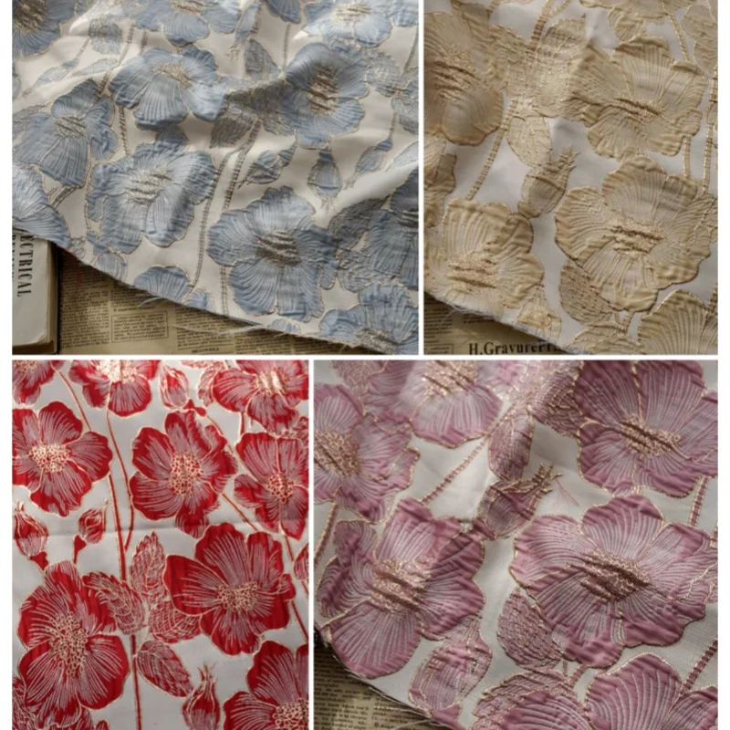 

1 Yard Large Flower Embossed Gold Silk Yarn Dyed Jacquard Fabric Stiff Retro Fashion Dress Sewing Fabric