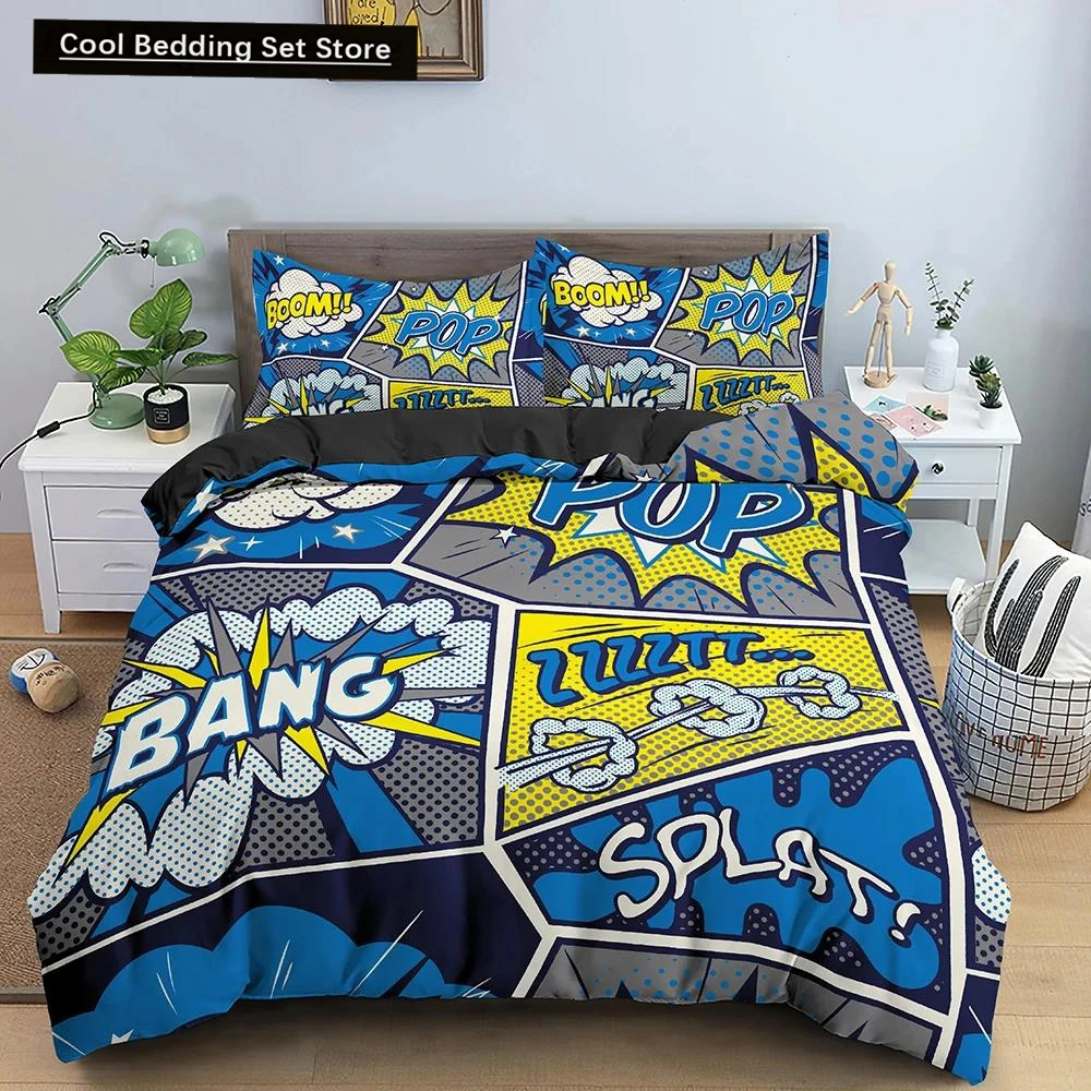 

Comic Pattern Duvet Cover Queen King Cartoon Bedding Set for Kids Boys Girls Hippie Hip Hop Rock Style Polyester Comforter Cover