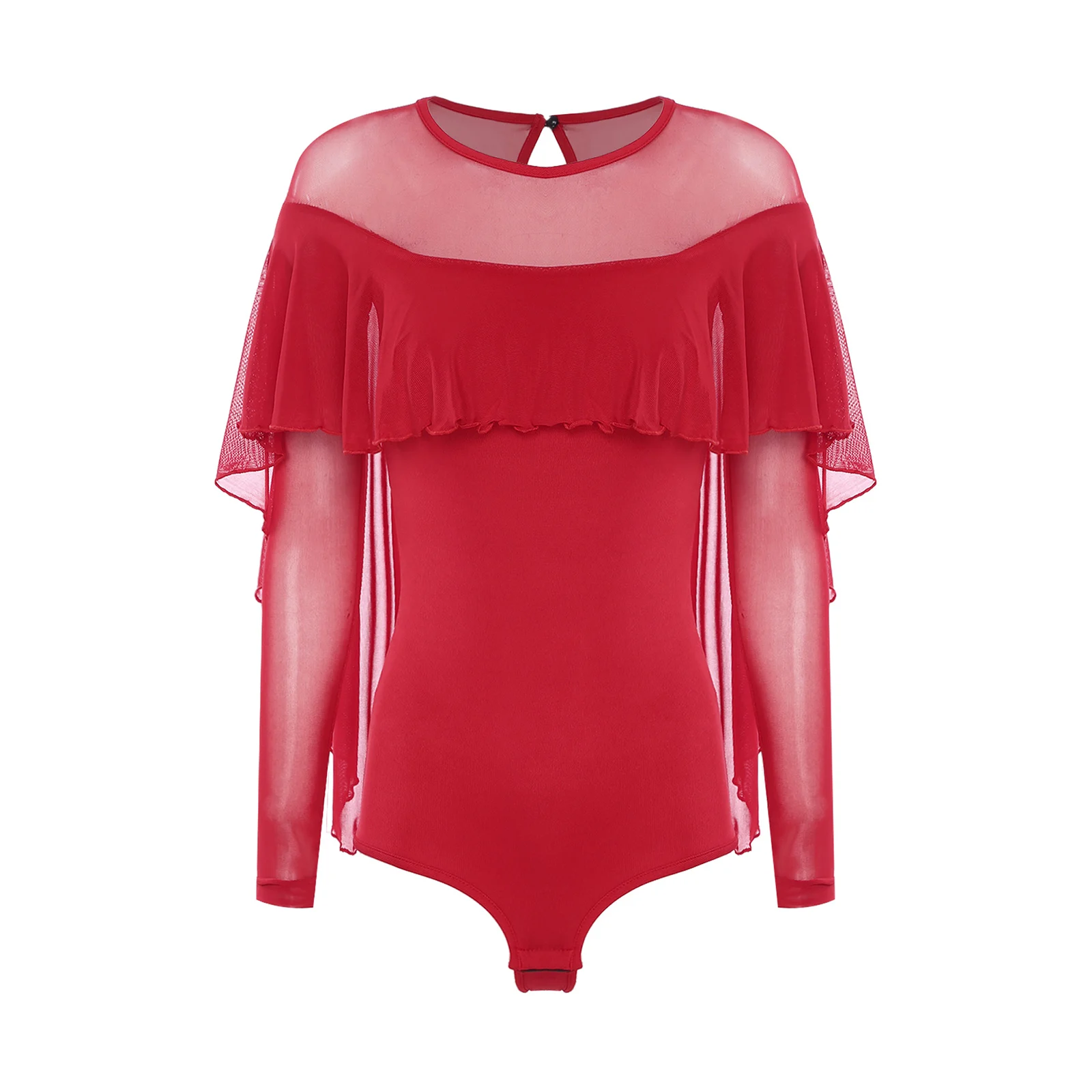 

Women Tango Lyrical Artistic Latin Dance Jumpsuit Long Sleeve Ruffled Overlay Mesh Leotard for Stage Ballroom Dance Performance