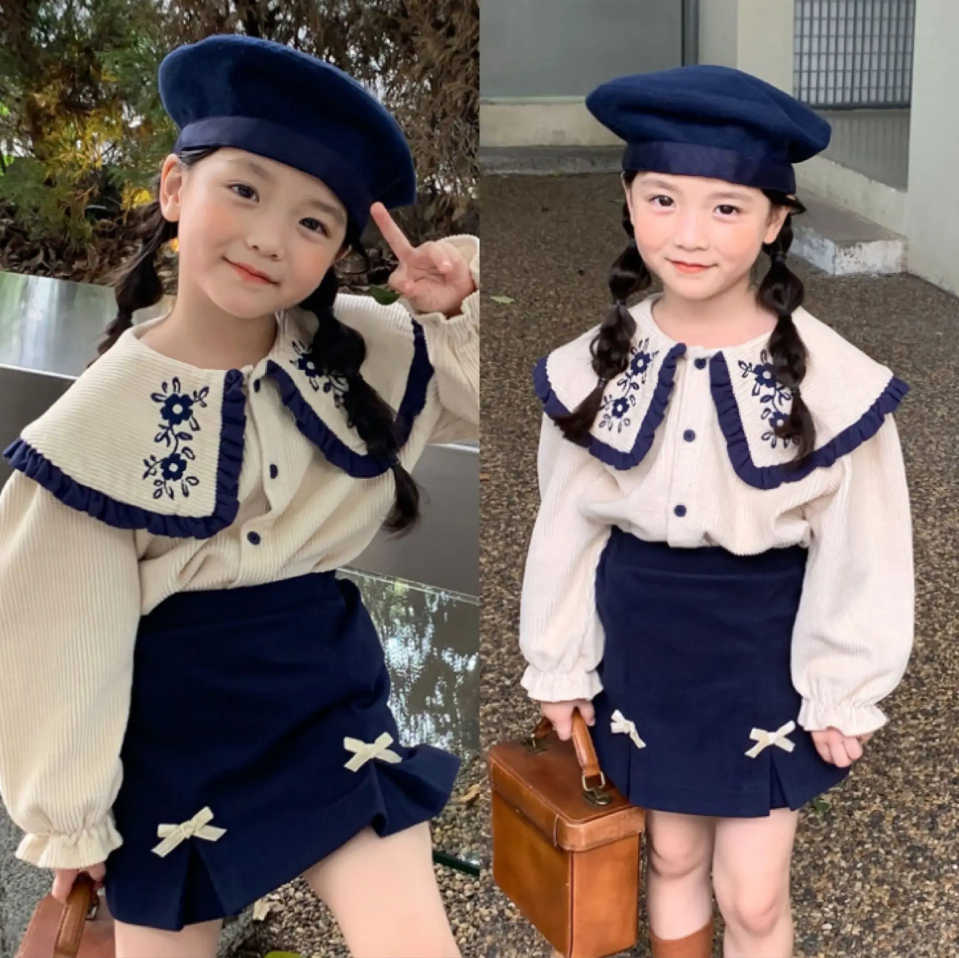 Autumn Girl\'s Set Baby Girl Korean Style Fashion Lapel Shirt+Short Skirt Two-piece Sets Spring Child Toddler Navy Clothing