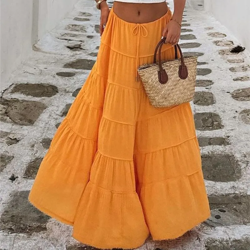 

Casual Fashion A-Line Cake Skirt Women's Spring Summer Elegant 2026 New Collection Big Hem Loose Soild Color Lace-up Ropa Mujer
