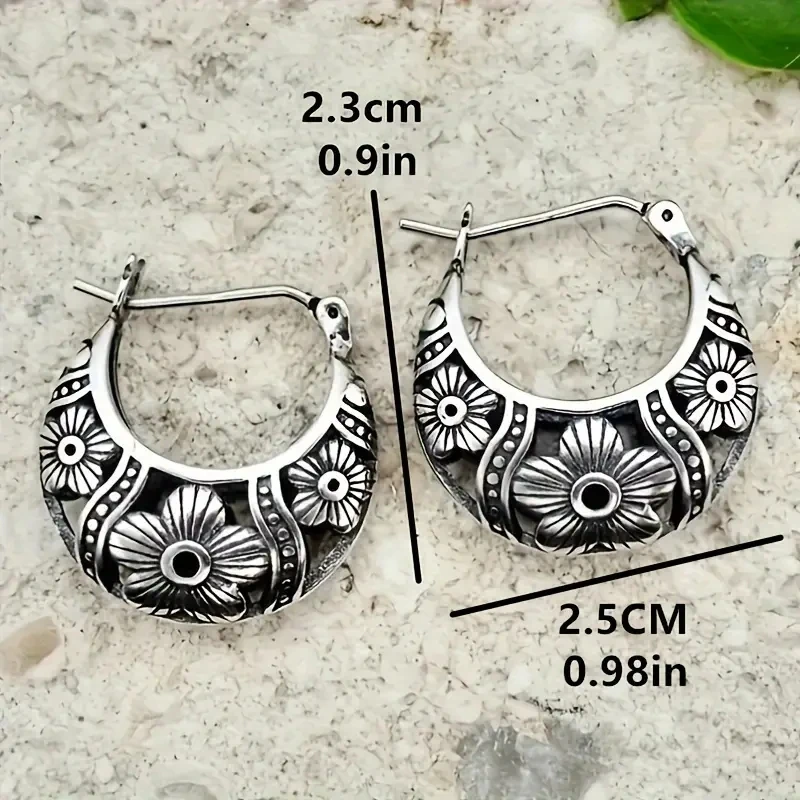 Silver Plated Hoop Earrings for Women, Silvery Flower Pattern, Retro Jewelry, Trendy, Exquisite