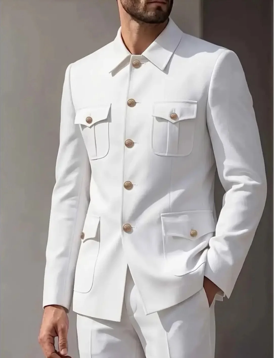 Black Safari Men Suits 2 Pieces Turn Collar Multi Pocket Blazer Pants Set Formal Slim Fit Gold Button Wedding Groom Customized