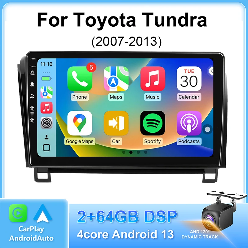 4+64G Car Radio Stereo for Toyota Tundra 2007 2008 2009 2010 2011 2012 2013 Android 13 10inch QLED IPS Touch Screen Wireless Carplay Android Auto Bluetooth GPS Navigation WiFi 5G HD Rearview Camera SWC FM