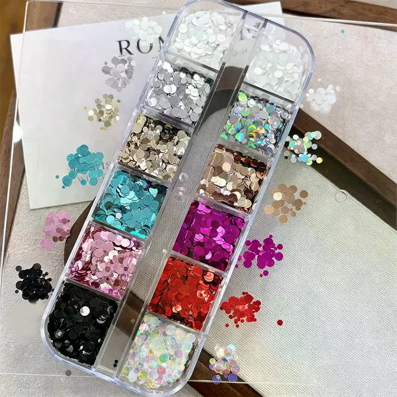12Grids Mixed Mini Circular Nail Glitter Flower DIY Wave Point Sequin Colorful Sparkling Nail Charms Nail Decoration Accessories