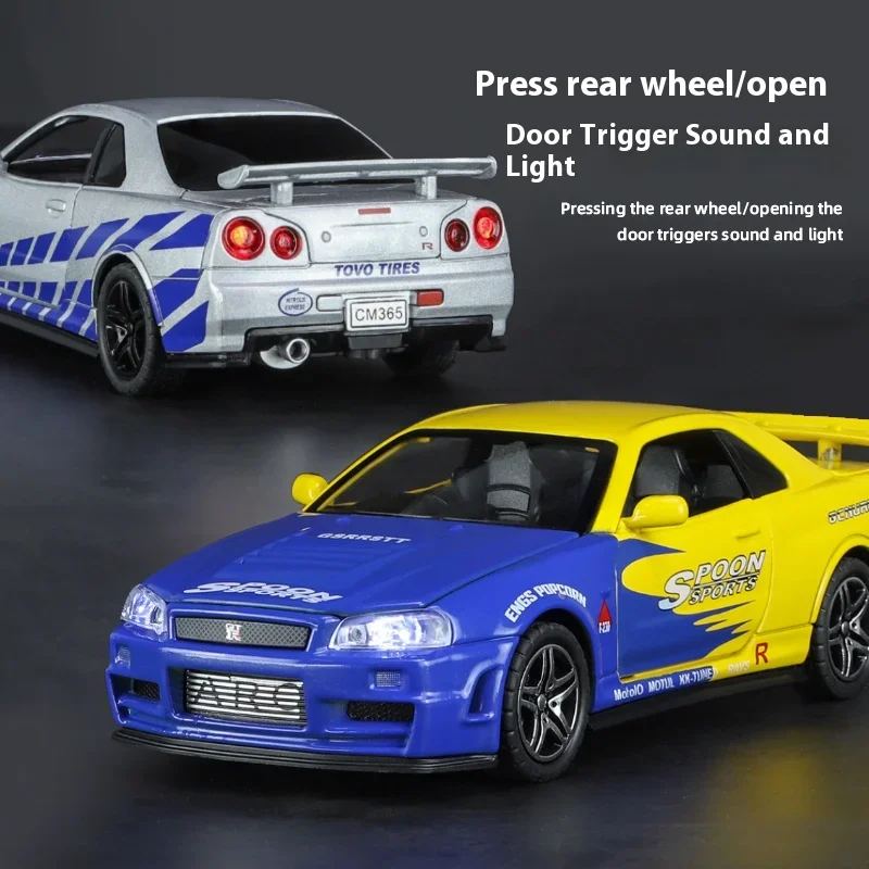 1:32นิสสันสกายไลน์เรส GTR R34อัลลอยด์โลหะหล่อจากโลหะแบบจำลองรถแข่งของเล่นจำลองเสียงและแสงของเล่นเด็กของขวัญเด็กผู้ชาย