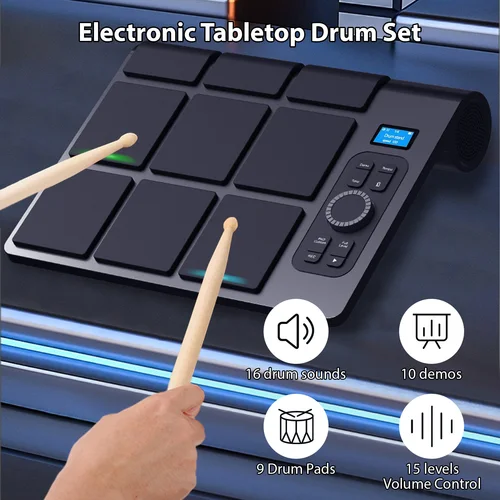Imagen 1 del producto Batería electrónica de sobremesa con 2 altavoces, 9 almohadillas, iluminación de Color, compatible con BT MIDI, varias conexiones de Audio, pantalla LCD ajustable