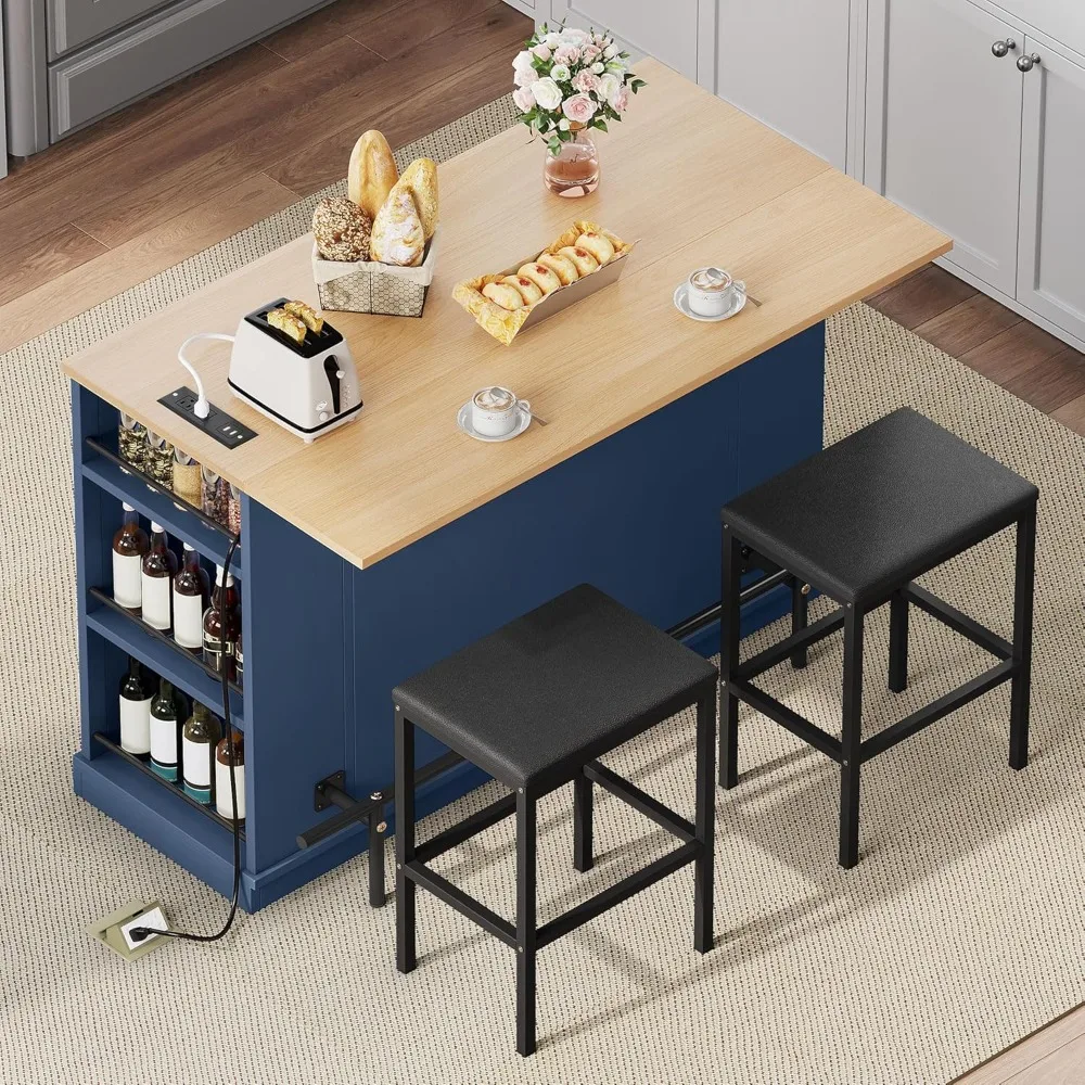 جزيرة المطبخ مع مقاعد، جزيرة تخزين متنقلة مقاس 47 بوصة مع أوراق قطرة، وطاولة جزر دوارة مع مخرج طاقة ومنفذ طاقة