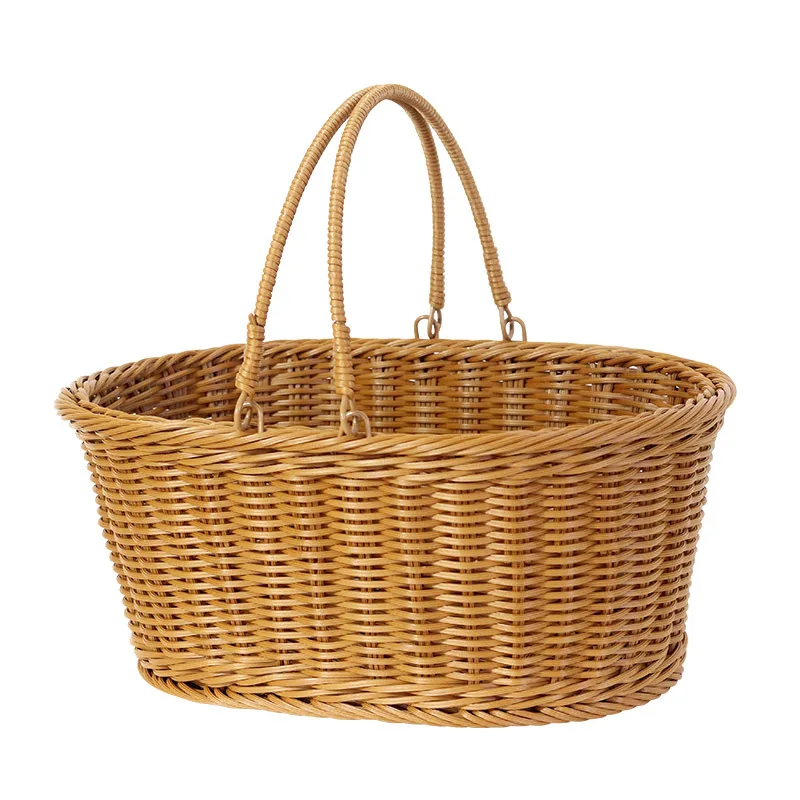 Handmade Oval Portable Stackable Plastic Fruit Rattan Picnic Gift Storage Baskets With Handle Kitchen Living Room Organizer
