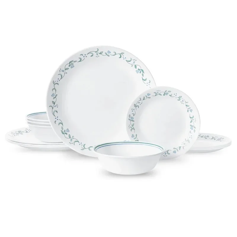 Corelle Country Cottage, juego de vajilla redonda blanca y verde de 12 piezas