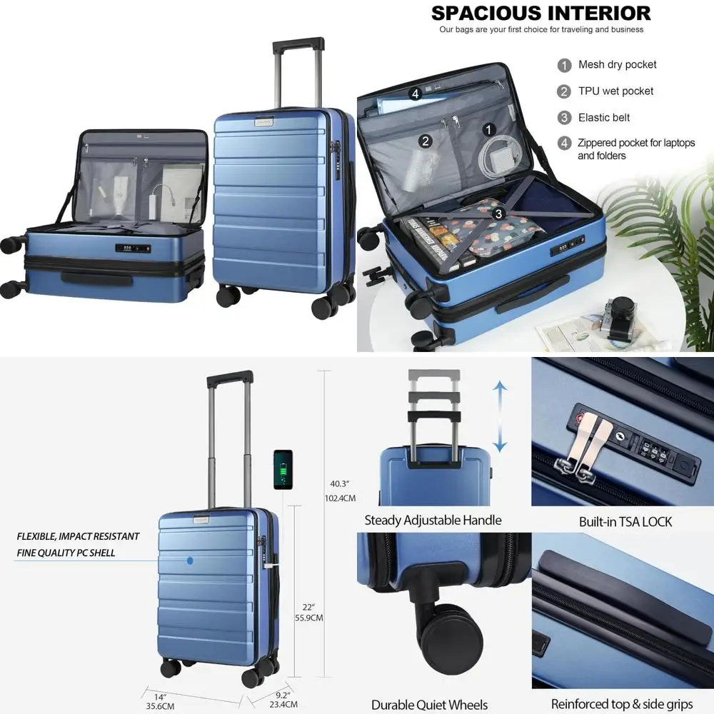 

Расширяемый чемодан большой вместимости с твердым корпусом, вращающимися колесами и замком TSA для путешествий и долговечности.