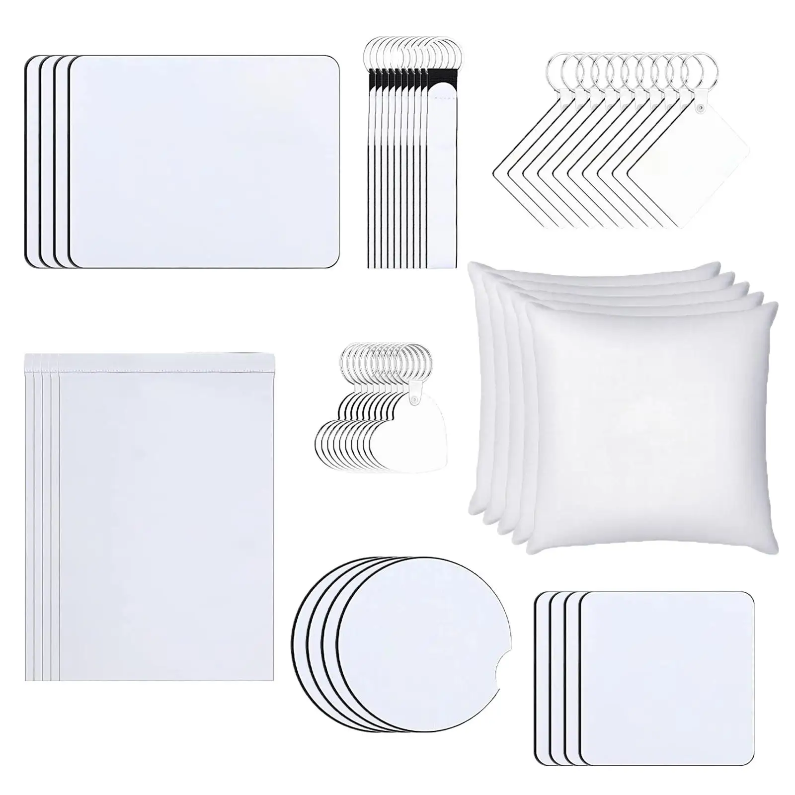 DIY Sublimation Crafts Kit: 52-Piece Set for Custom Wrist Straps, Mouse Pads, Pillow Covers, Coasters, and Keychains