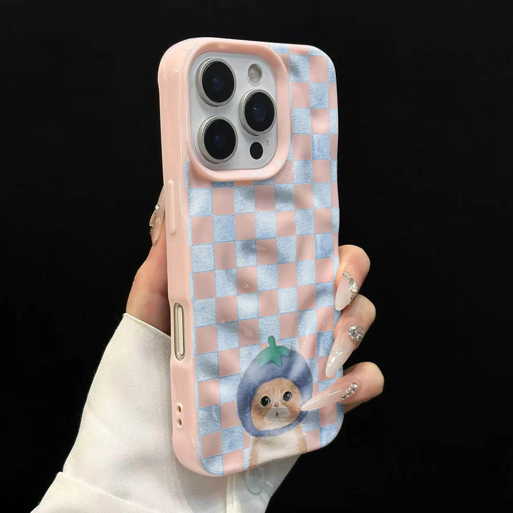 Modisches kariertes Handyhülle mit süßem Katzenmuster für iPhone 17 16 15 14 13 12 11 Pro Max 14 Plus 17Air, weiche Silikonhülle mit Falten-Wellen-Design – Detail 9
