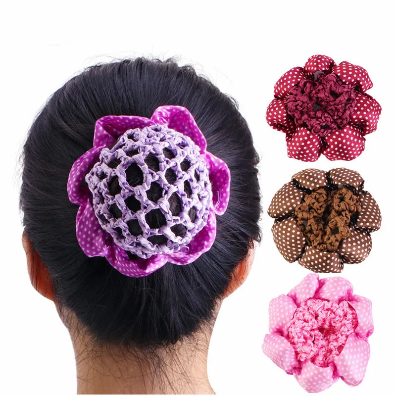 Women Girls Bun Cover Snood Hair Net Ballet Dance Skating Crochet Elastic Candy Color Nets Hair Bands Polka Dot Hair Accessories