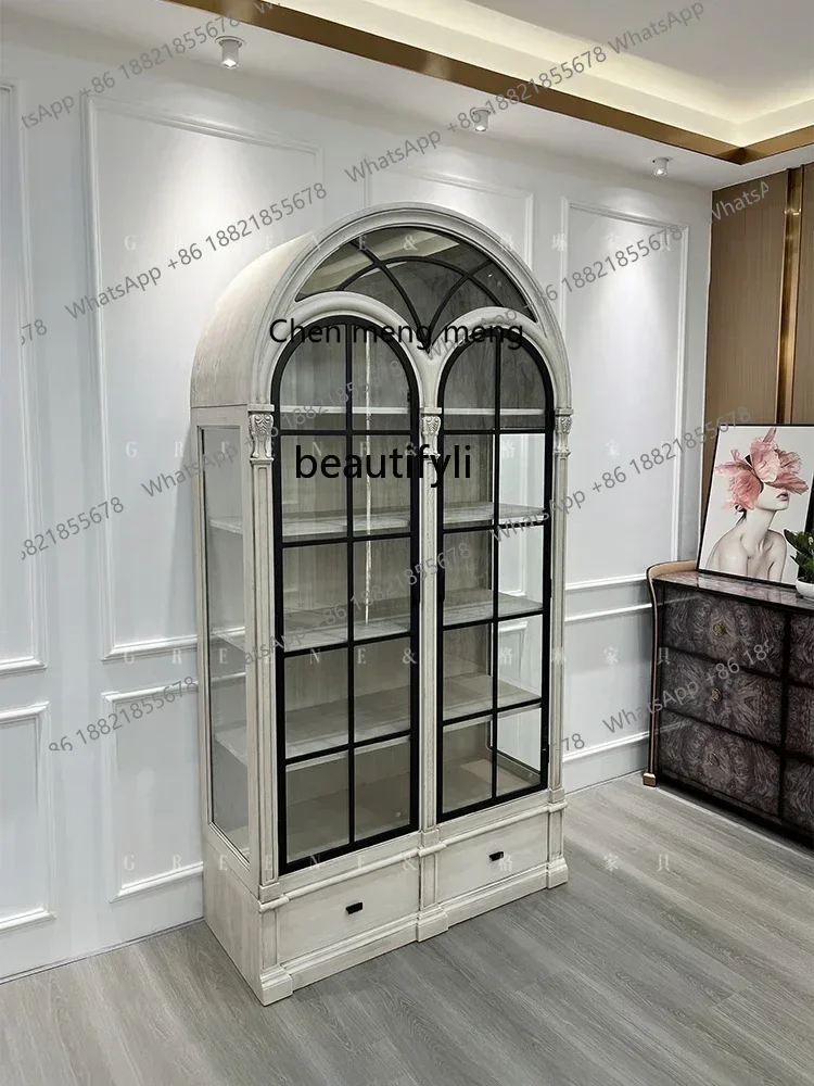D178 Y American arched wine cabinet French solid wood retro old semi-circular glass door high-end side cabinet