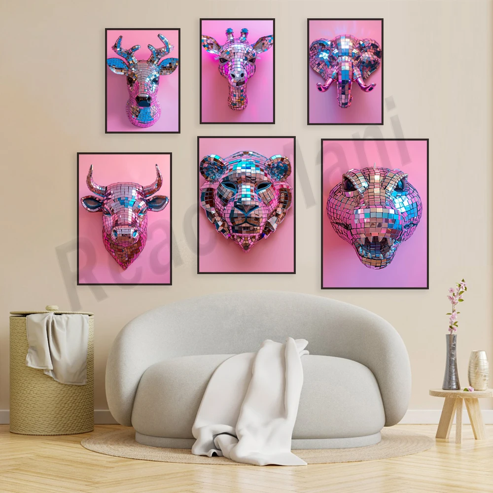 Y2K puma, alligator, crocodile, hippo, lion, wolf, goat, giraffe print, mirror image American animal disco poster canvas print