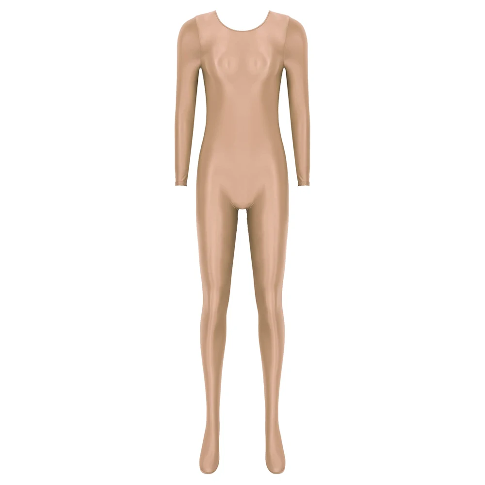 Donne Olio Lucido Manica Lunga Collant Tuta Bodystocking Yoga Ginnastica Shapewear Costume Intero Catsuit Lucido Body