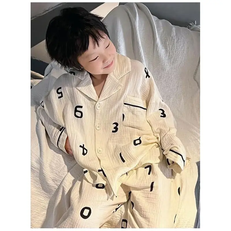 Children's Pajamas Spring and Autumn New Style Internet Celebrity Simple Letter Western Style Baby Long Sleeve Long Pants Home
