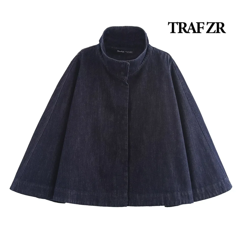 TRAF ZR Autumn Female Denim Cape High Collar Mujer Cape Coat Aesthetic Basic Cowgirl Cloak Capes Women Fashion Y2K Outer Top