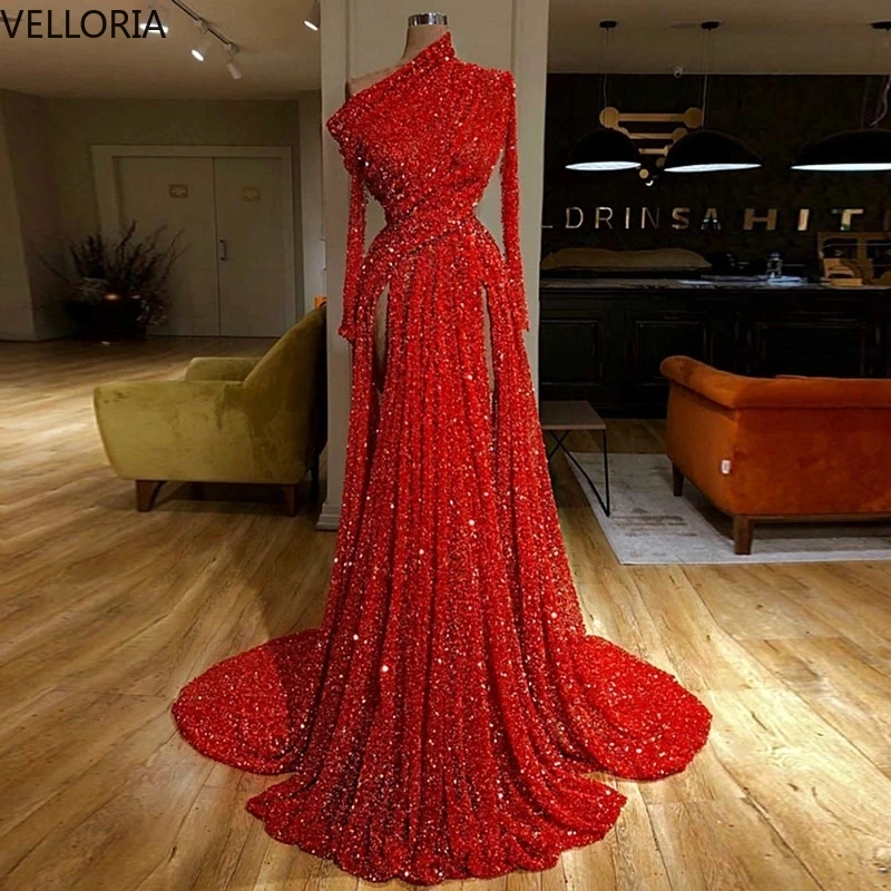 2025 vestidos de baile vinho vermelho vestido de noite lantejoulas brilhantes sereia manga longa plissado alta divisão vestido de festa personalizado