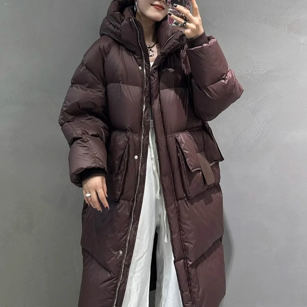 Down Jacket Women 2024 New Hooded Knee Length Loose Puffer Jacket Winter Thicken Warm Waterproof Duck Down Coat Fluffy Parkas