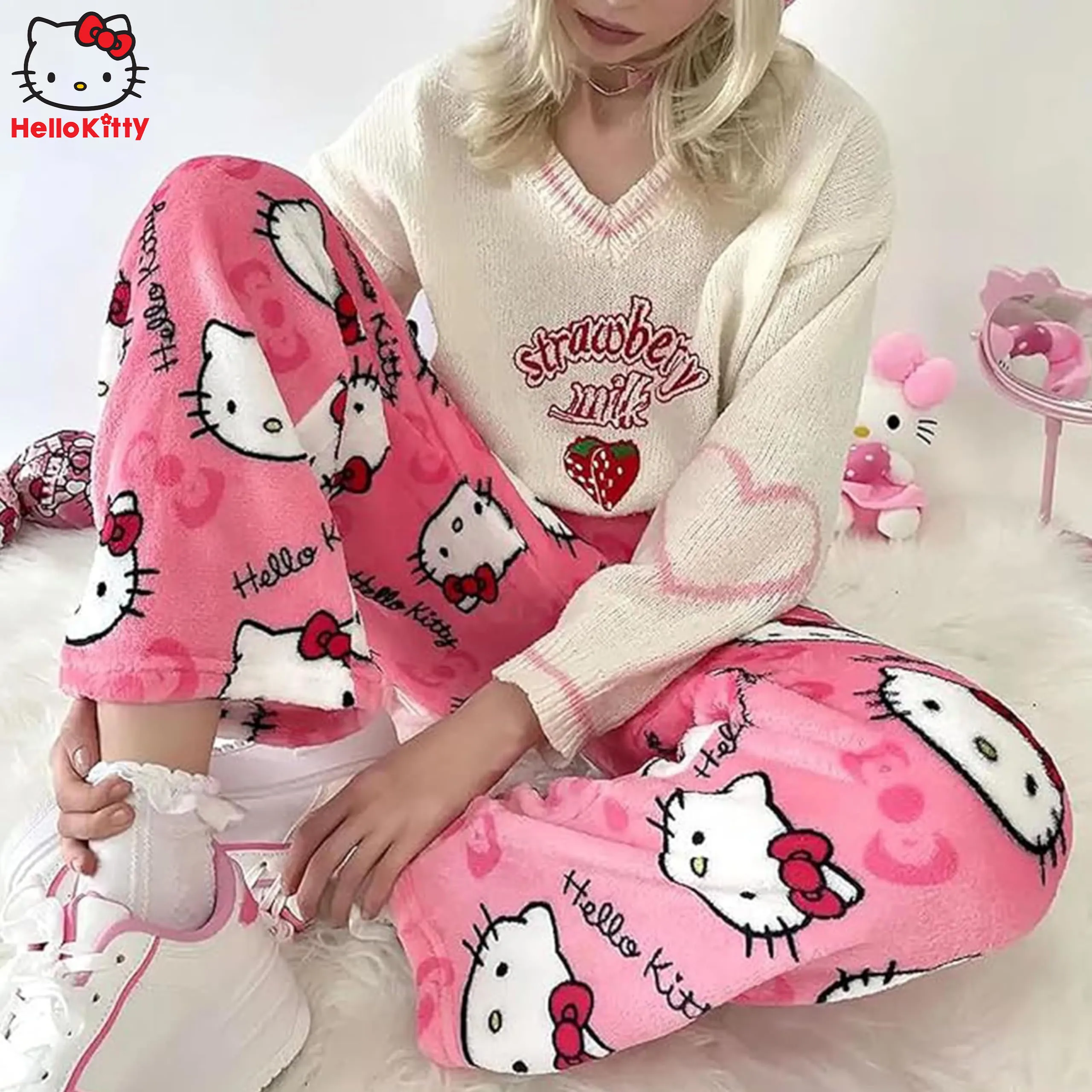 Sanrio Hello Kitty Pajamas Christmas Flannel Fashion Trouserswomen Kawaii Woolen Anime Cartoon Casual Home Pants Winter Clothing