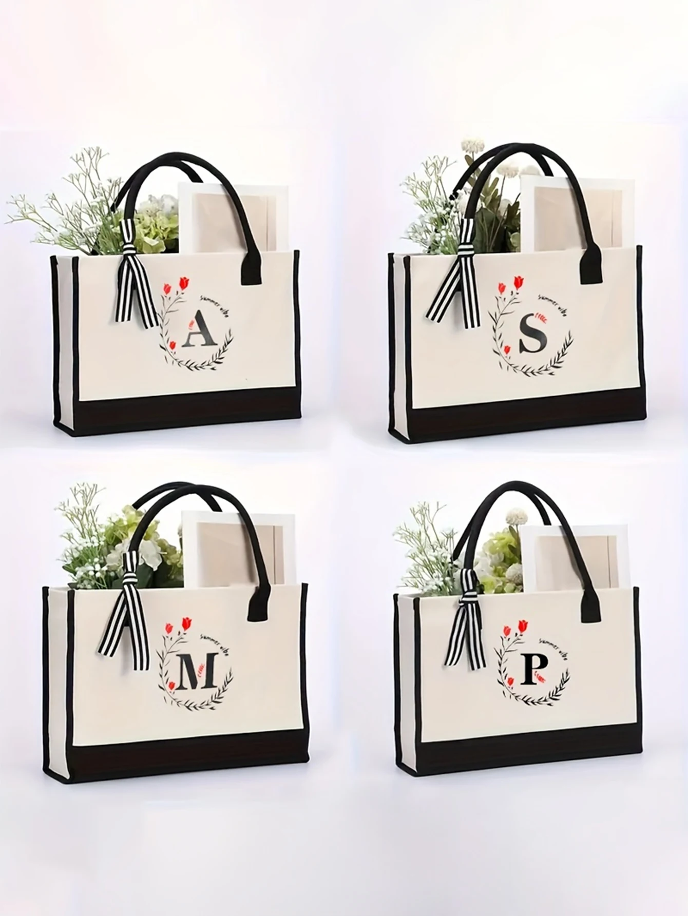 Flower and Grass Letter Pattern Women's Canvas Bag Women's Handbag Large Capacity Bag Storage Bag Organizer Bag