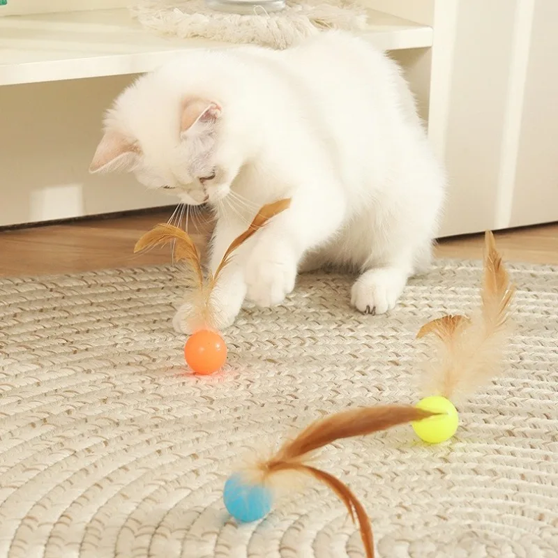 3-teilige Katzenspielzeugbälle, bissfestes Katzenspielzeug mit Federn, interaktives Katzenspielzeug für Katzen, Spielinteraktion im Innen- und Außenbereich