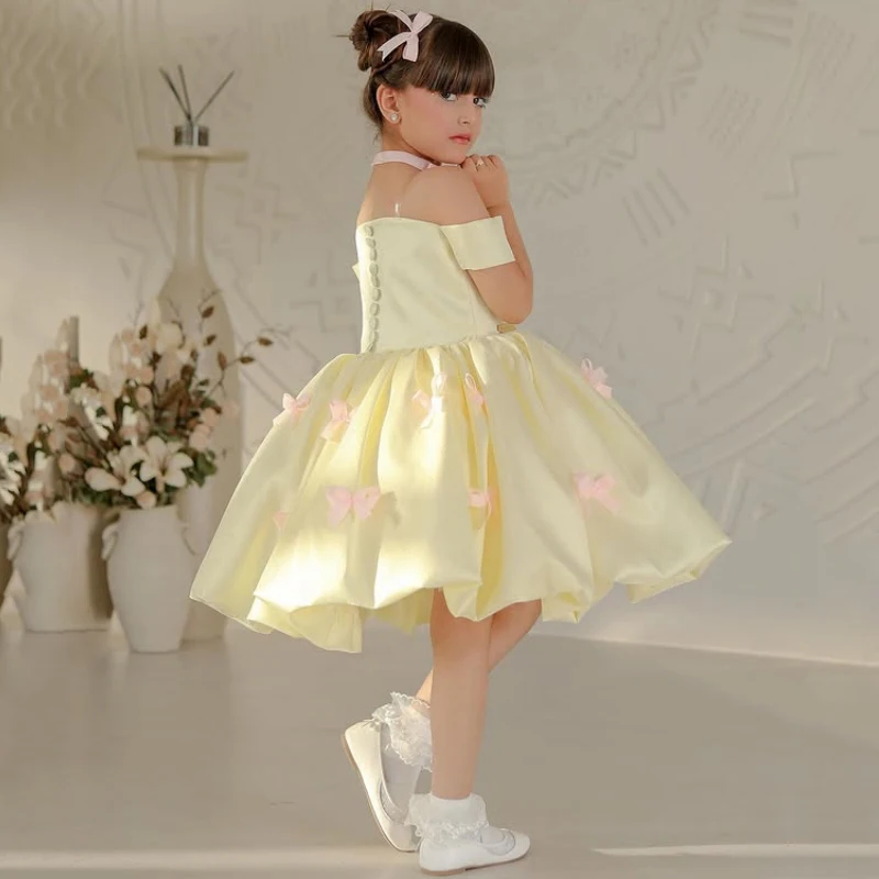 Customized Flower Girl Dresses Satin With Pink Bow Short Sleeve For Wedding Birthday Party Casual Banquet Princess Gown